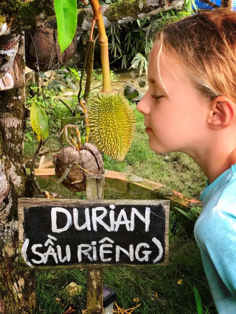 phu quoc with kids - girls smelling durian fruit on pepper farm in phu qouc 