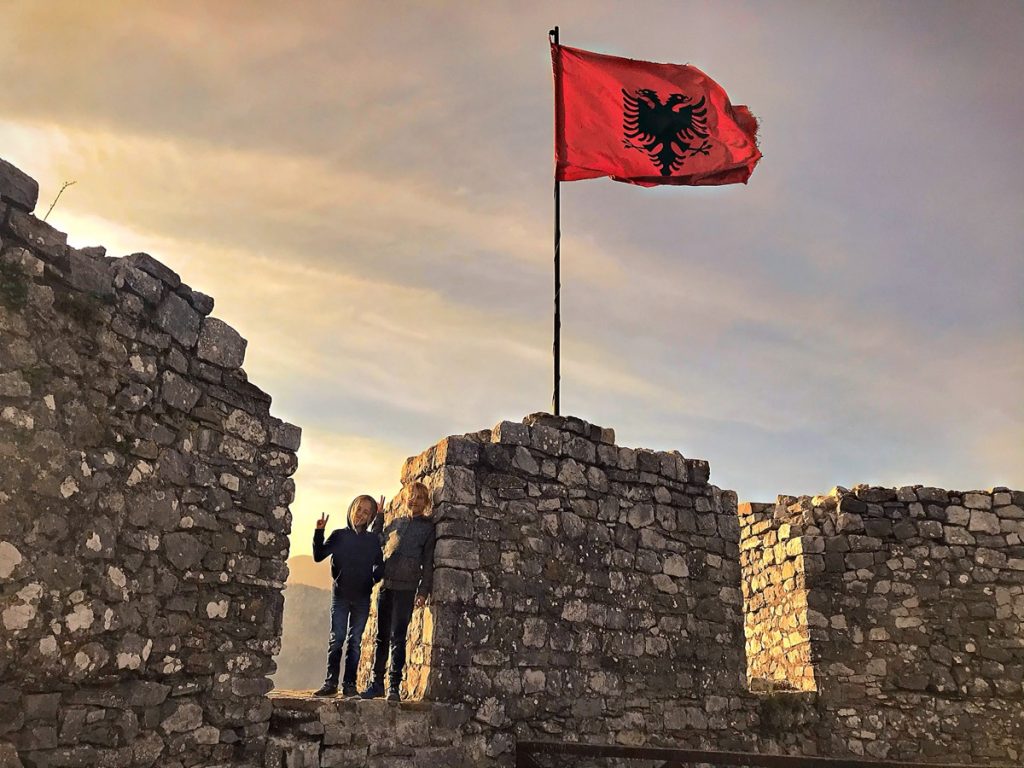 albania flag on a rozafa castle in Shkodra with beautiful views of Shkodra lake 