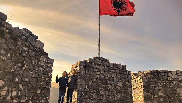 albania flag on a rozafa castle